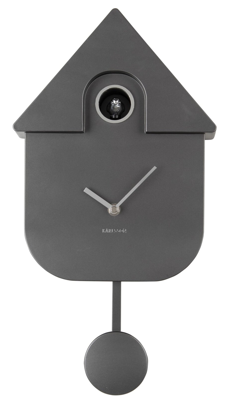 Moderne Wanduhr in Form eines Kuckucks mit Pendel, frontal abgebildet