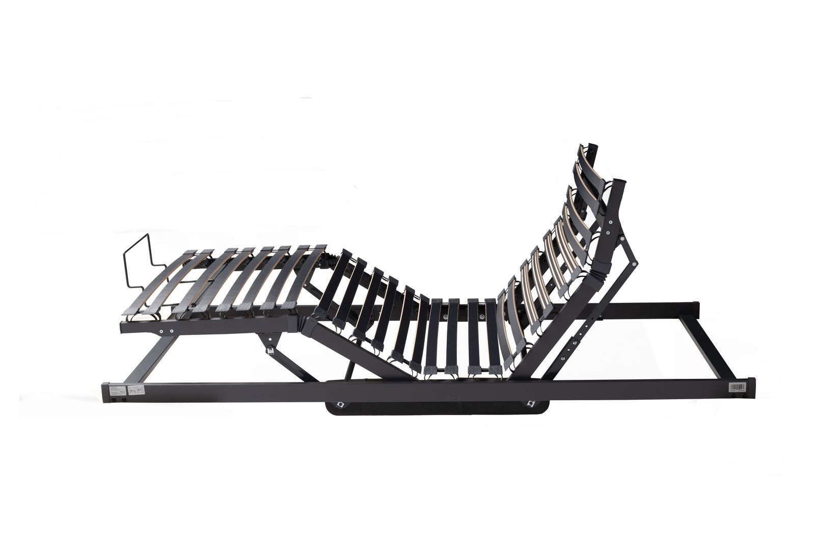 Seitliche Ansicht eines verstellbaren Systemrahmens mit Lattenrost, geeignet für verschiedene Bettgrößen.