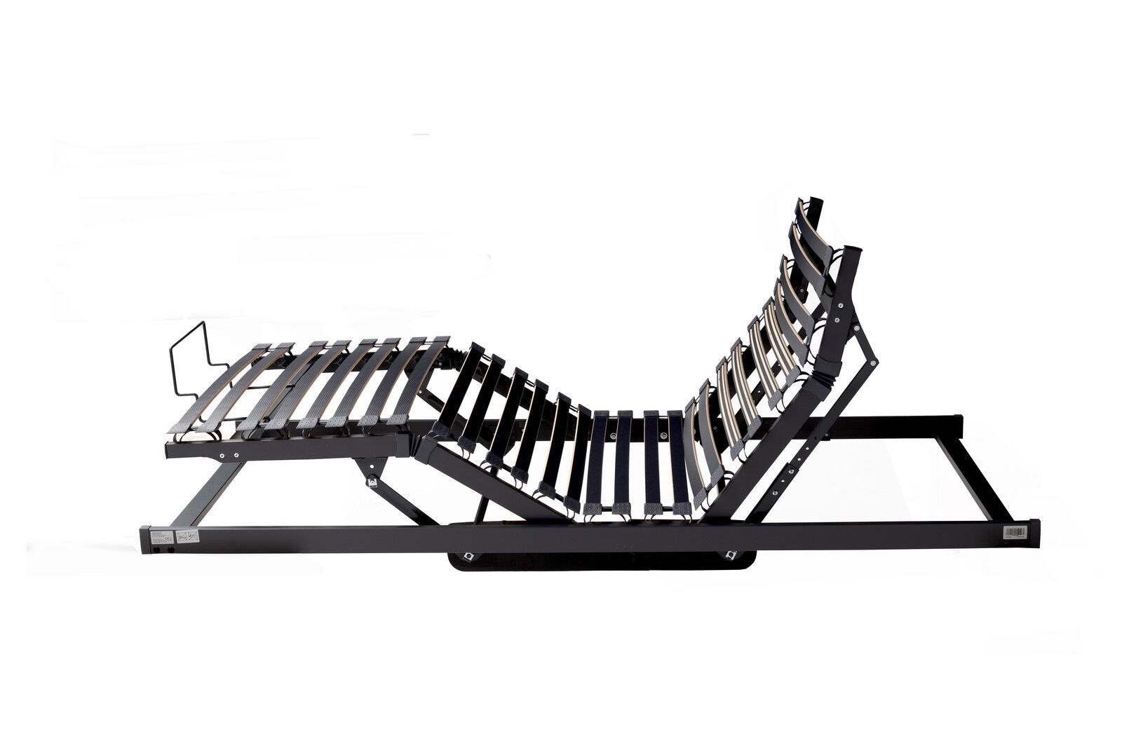 Seitliche Ansicht eines verstellbaren Systemrahmens mit Lattenrost, geeignet für verschiedene Bettgrößen.