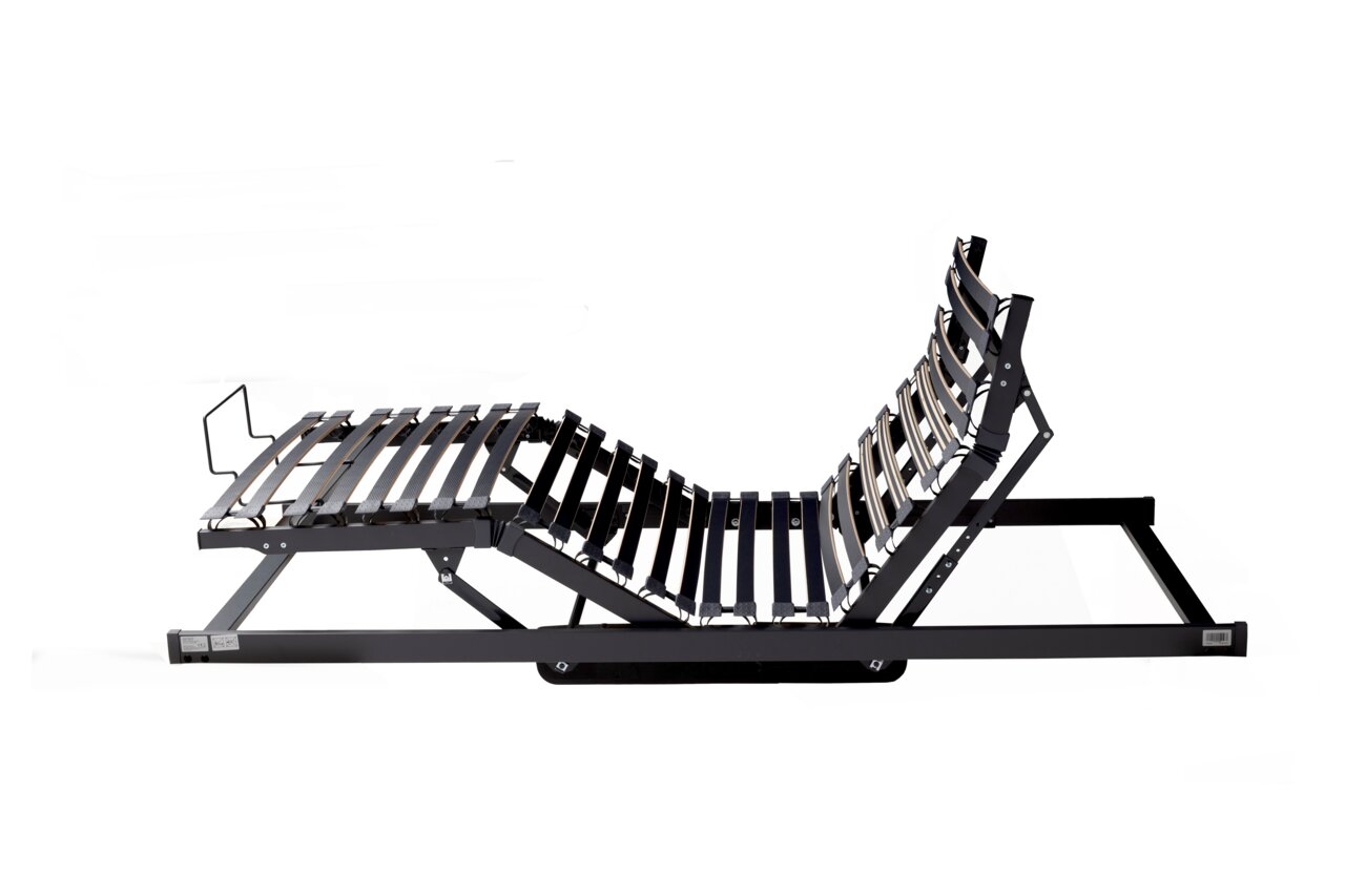 Seitliche Ansicht eines verstellbaren Systemrahmens mit Lattenrost, geeignet für verschiedene Bettgrößen.