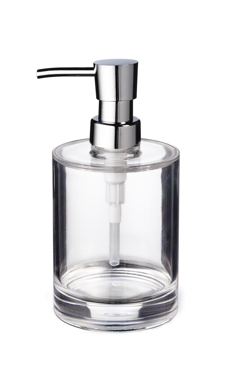 Transparenter Seifenspender aus Glas mit verchromtem Pumpkopf und langem Auslauf, freigestellt auf weißem Hintergrund, Frontansicht leicht von oben