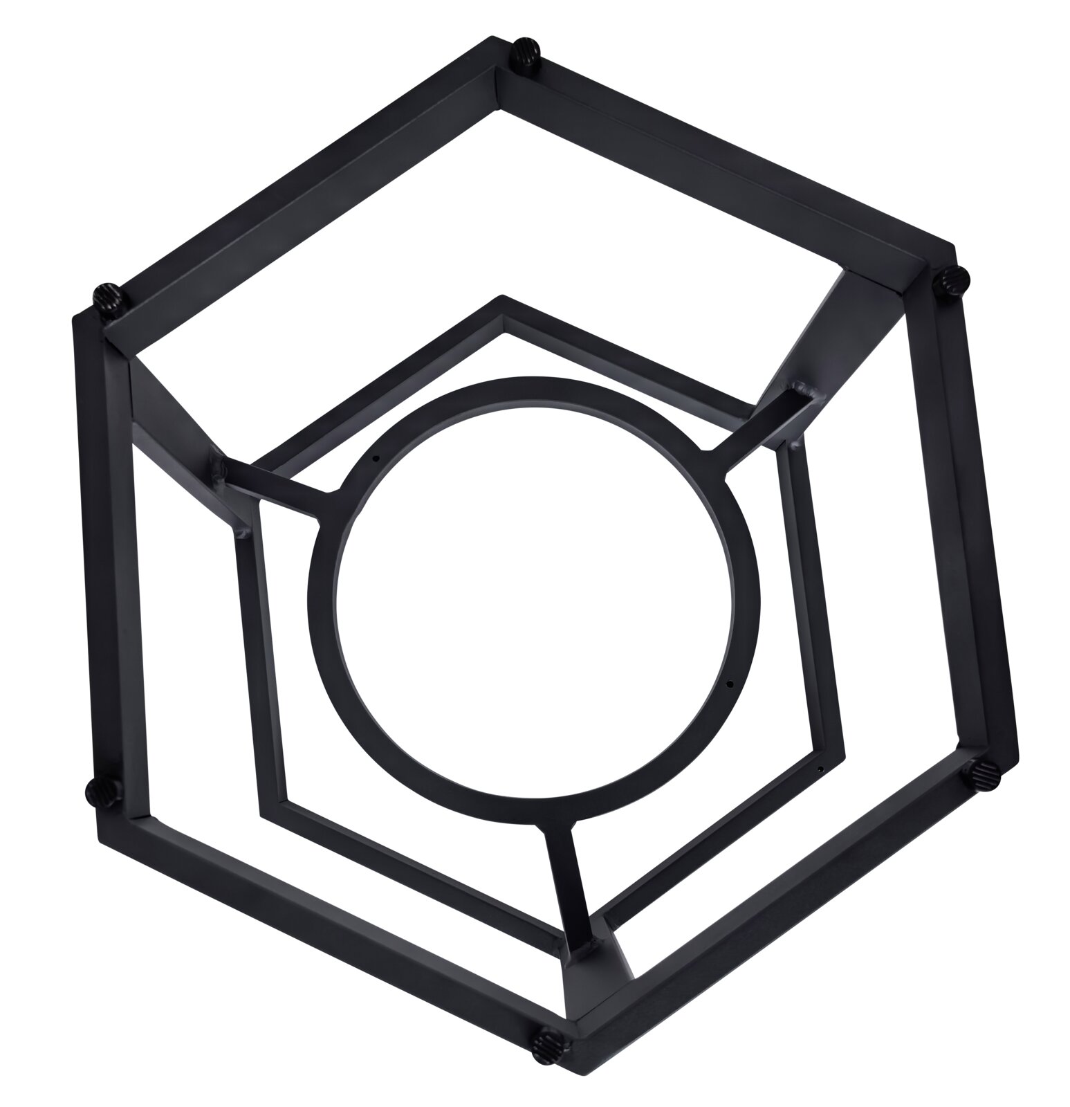 Schwarzer, geometrischer Metallrahmen in Hexagonform mit zentraler runder Öffnung und Stellschrauben, freigestellt auf Weiß, Ansicht schräg von oben (3/4-Perspektive)