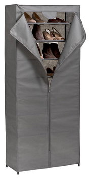 Grauer Textil-Schuhschrank mit 8 Fächern, teilweise geöffnet, frontal betrachtet.