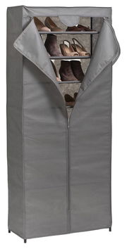 Grauer Textil-Schuhschrank mit 8 Fächern, teilweise geöffnet, frontal betrachtet.