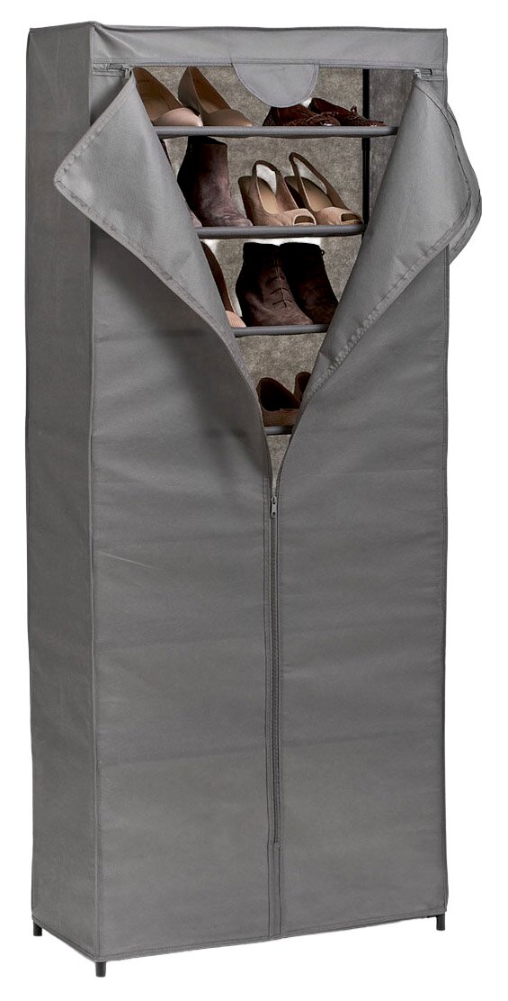 Grauer Textil-Schuhschrank mit 8 Fächern, teilweise geöffnet, frontal betrachtet.