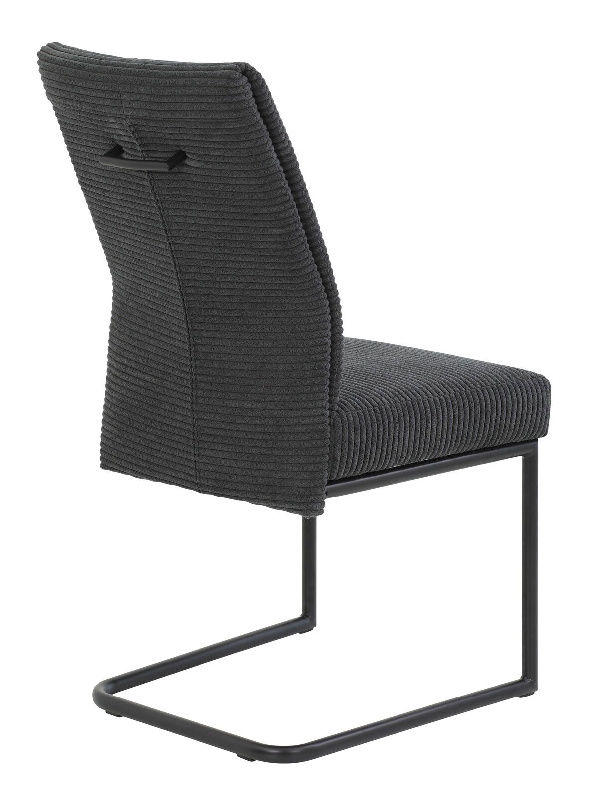 Rückansicht eines modernen Schwingstuhls DAGMAR mit grauem Stoffbezug und schwarzem Metallgestell.