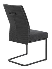 Rückansicht eines modernen Schwingstuhls DAGMAR mit grauem Stoffbezug und schwarzem Metallgestell.