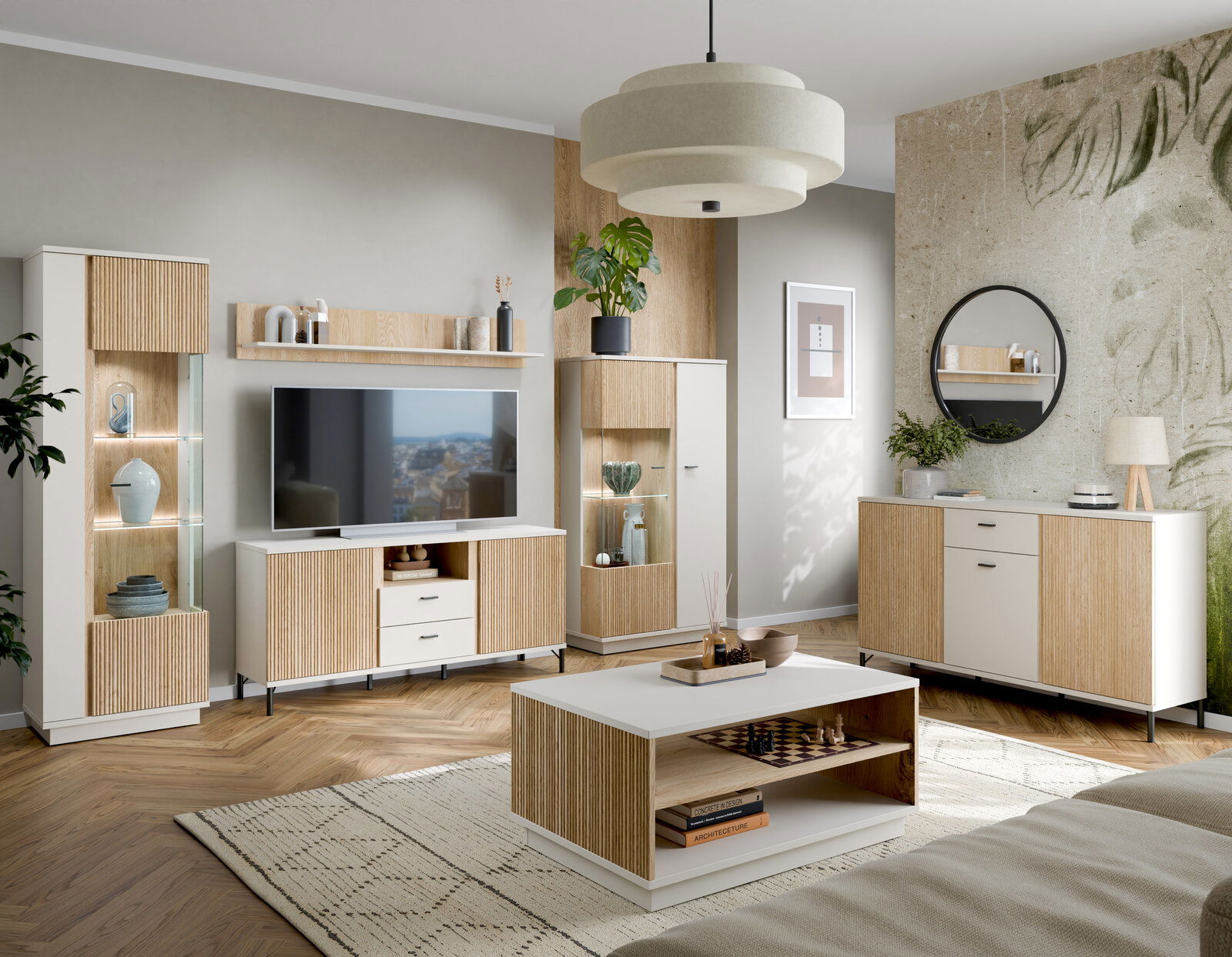 Z2 Vitrine MOSANO Moderne Wohnzimmermöbel mit Vitrine, TV-Schrank und Beistelltisch in Holzoptik, seitliche Perspektive