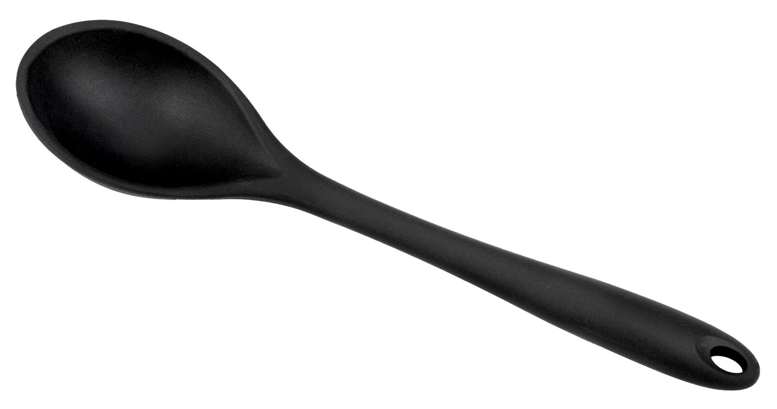 Schwarzer Silikon-Kochlöffel in seitlicher Perspektive