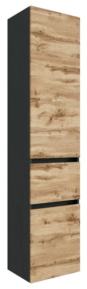 Hochschrank in Holzoptik mit drei Schubladen, seitliche Perspektive