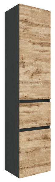 Hochschrank in Holzoptik mit drei Schubladen, seitliche Perspektive