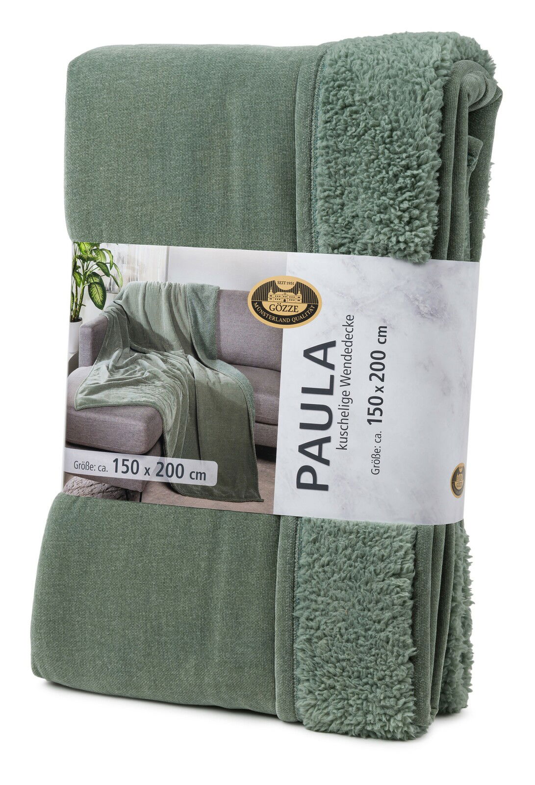 Grüne Chenille Wohndecke, Größe 150 x 200 cm, in Verpackung mit sichtbarer flauschiger Struktur, seitliche Perspektive