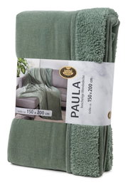 Grüne Chenille Wohndecke, Größe 150 x 200 cm, in Verpackung mit sichtbarer flauschiger Struktur, seitliche Perspektive