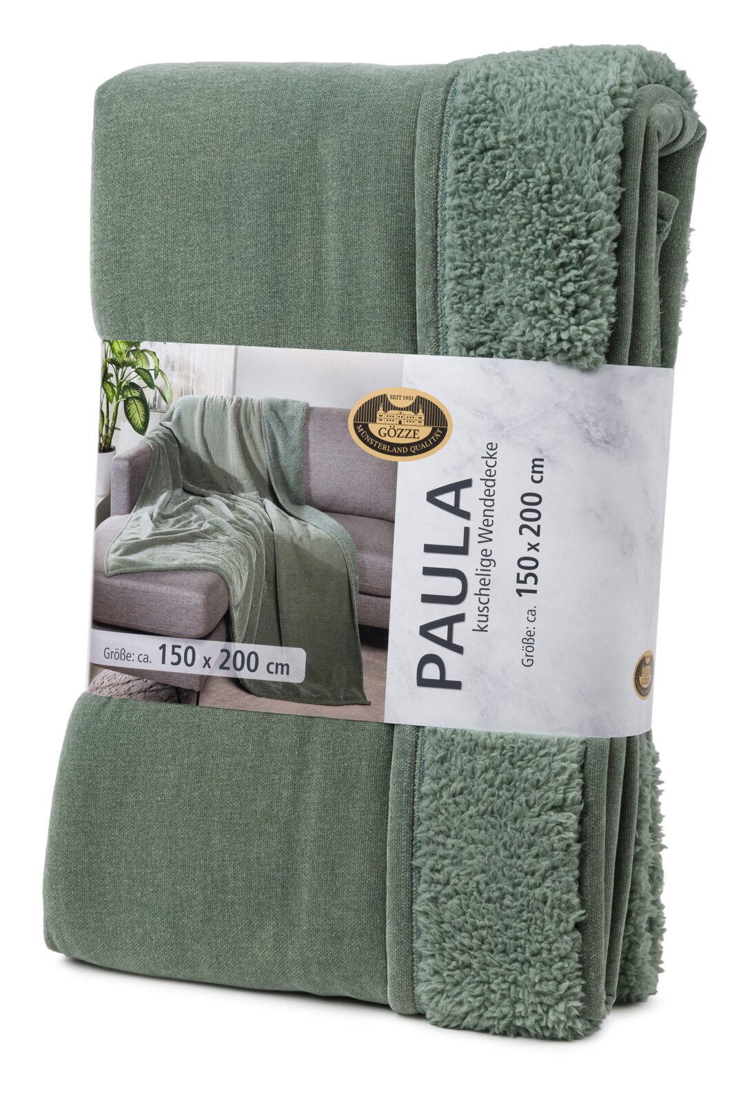 Grüne Chenille Wohndecke, Größe 150 x 200 cm, in Verpackung mit sichtbarer flauschiger Struktur, seitliche Perspektive