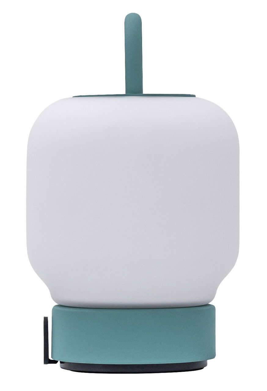 Moderne Lampe in Smokey Teal mit weißem Schirm, frontal abgebildet.