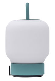 Moderne Lampe in Smokey Teal mit weißem Schirm, frontal abgebildet.