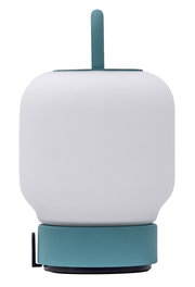 Moderne Lampe in Smokey Teal mit weißem Schirm, frontal abgebildet.