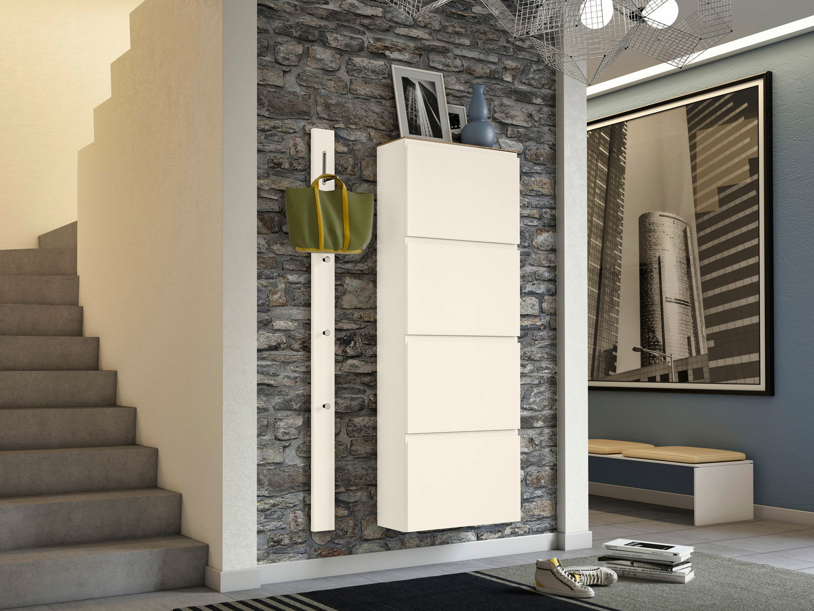 Moderano Hangende schoenenkast LECCO Moderner Hängeschuhschrank 4K-T33 in einer stilvollen Wohnumgebung, frontal an einer Steinwand montiert.