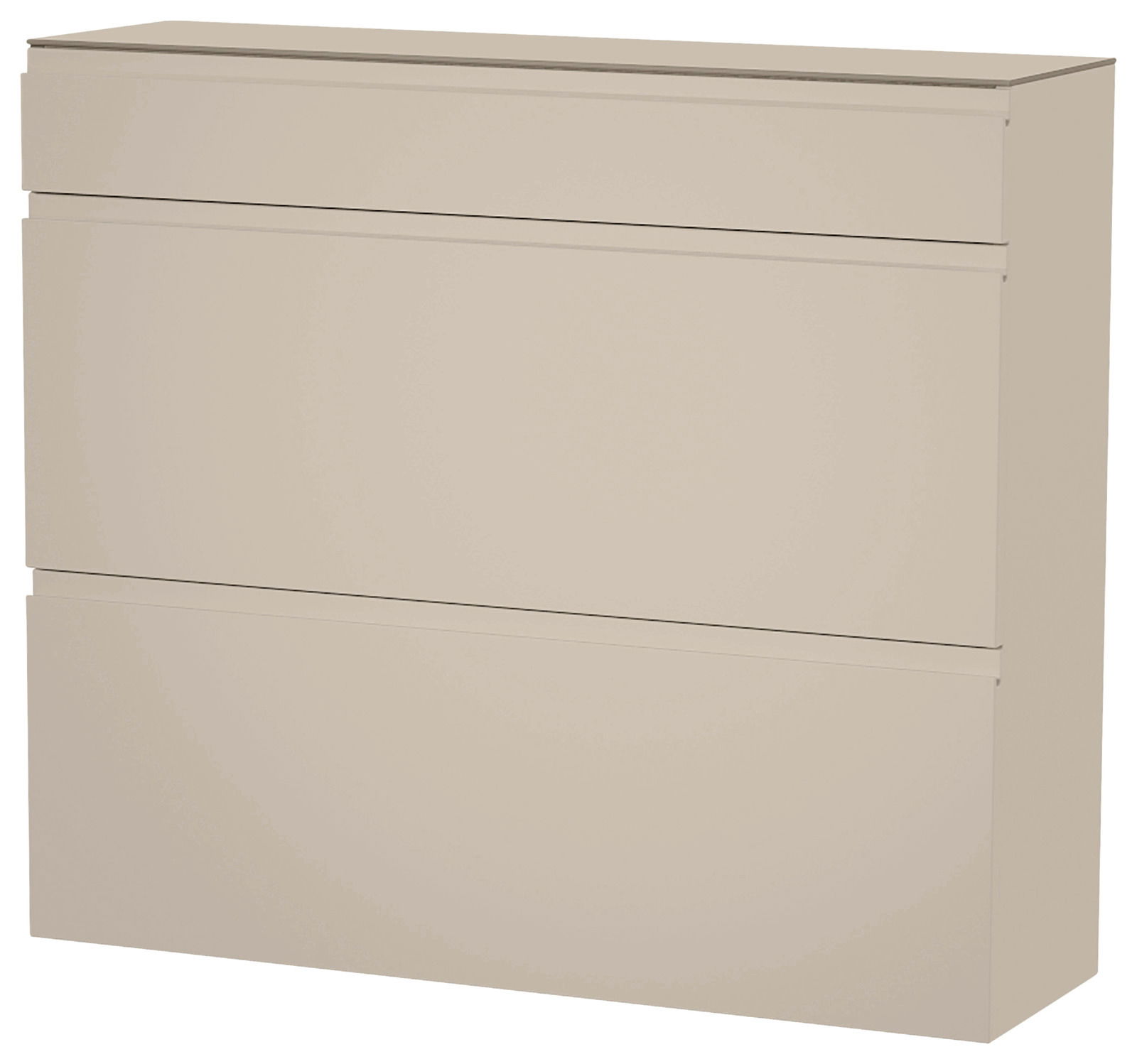 Beiger Hängeschuhschrank mit drei Klappen, seitliche Perspektive