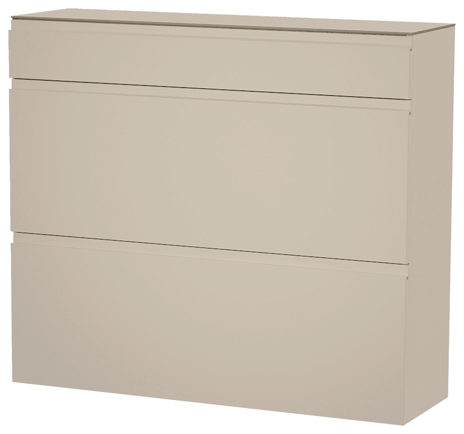 Beige hangende schoenenkast met drie kleppen, zijaanzicht