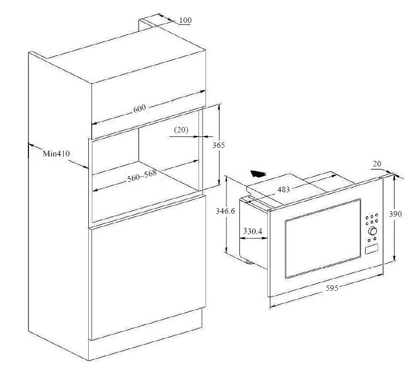 Technische Maßzeichnung einer Einbau-Mikrowelle mit Nischenmaßangaben, dargestellt in schräger Vorderansicht (isometrische Perspektive) mit Einbauschrank und Gerätefront.
