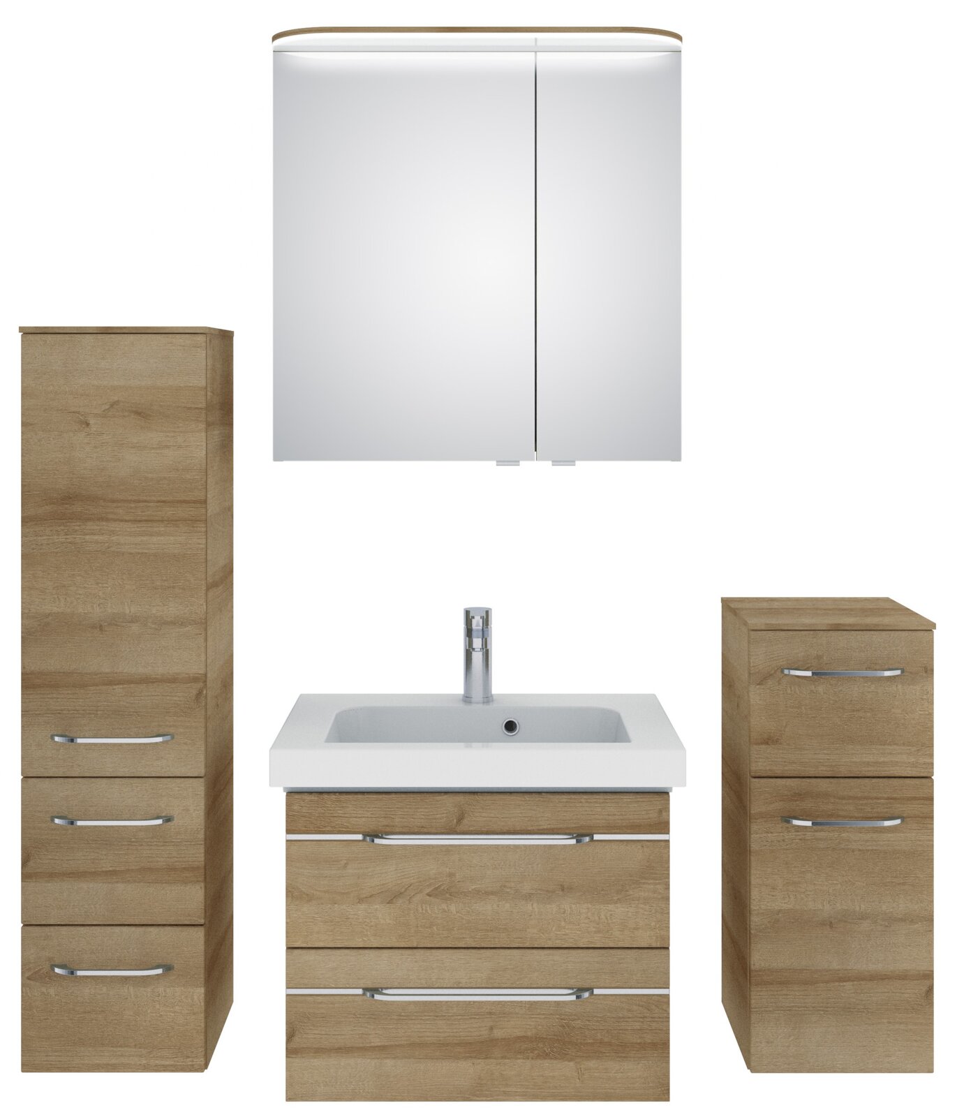 Badezimmermöbel-Set in Holzoptik mit Spiegelschrank, Waschbeckenunterschrank und zwei Hochschränken, Frontalansicht