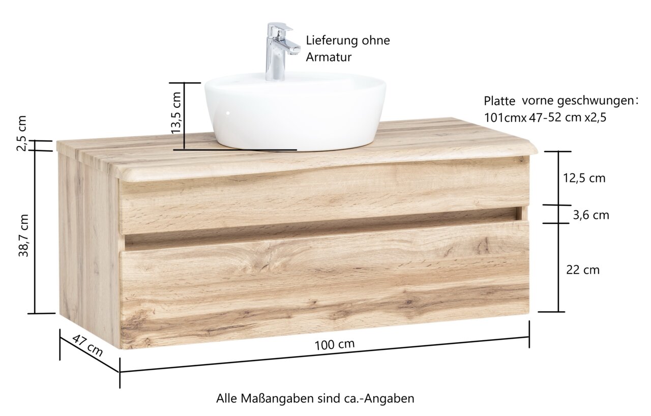 Waschtisch-Set aus Holz mit geschwungener Platte und weißem Aufsatzwaschbecken, seitliche Perspektive