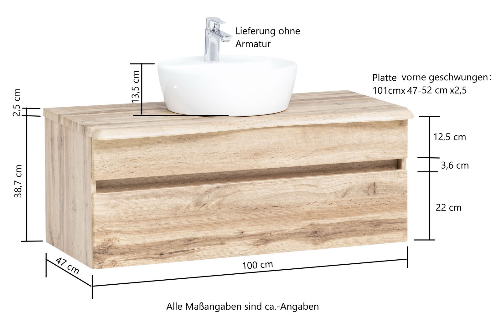 Waschtisch-Set aus Holz mit geschwungener Platte und weißem Aufsatzwaschbecken, seitliche Perspektive