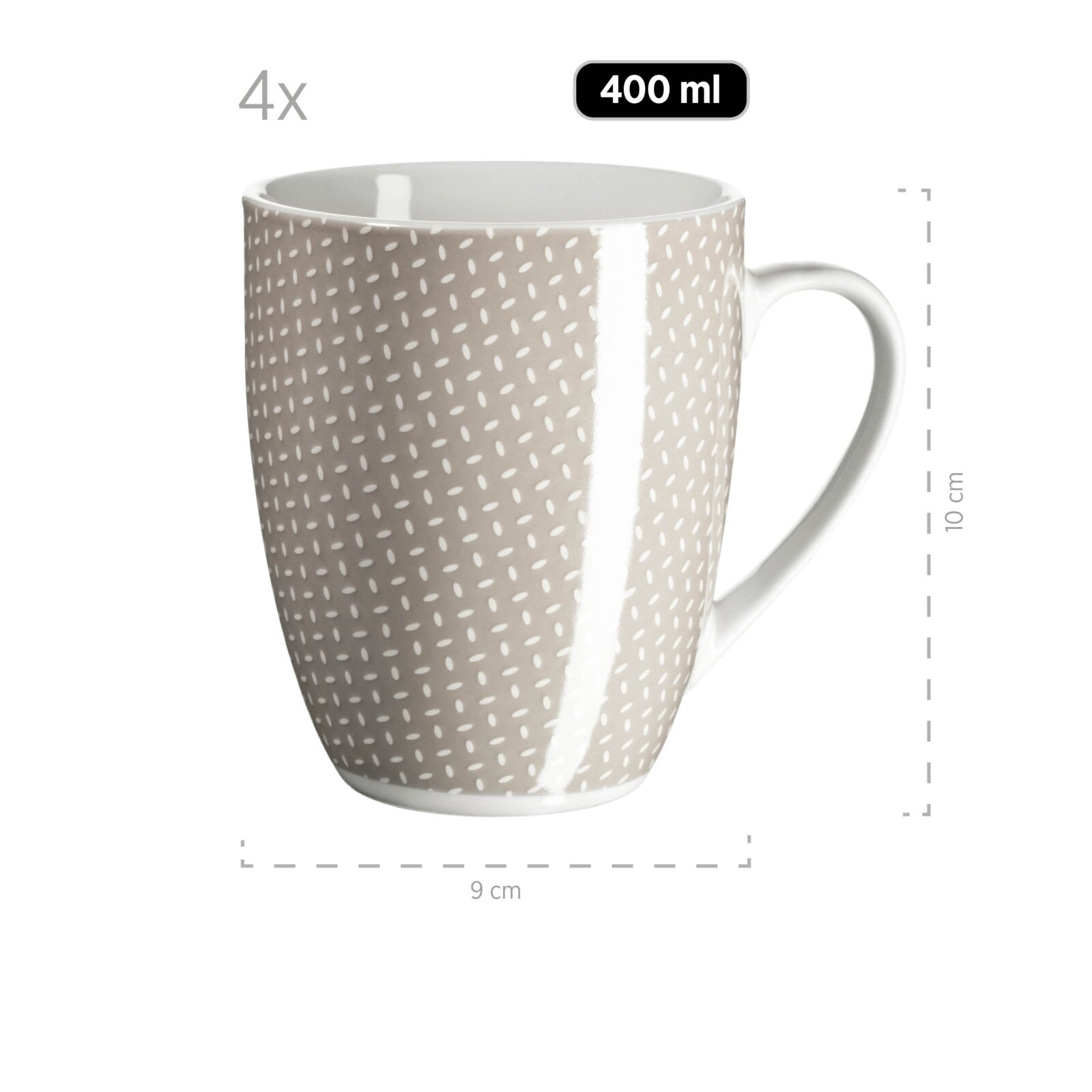 Grauer Keramikbecher mit weißem Sprenkelmuster und Henkel, 400 ml Fassungsvermögen, ca. 10 cm hoch und 9 cm breit, Produktansicht frontal leicht seitlich von vorn auf weißem Hintergrund