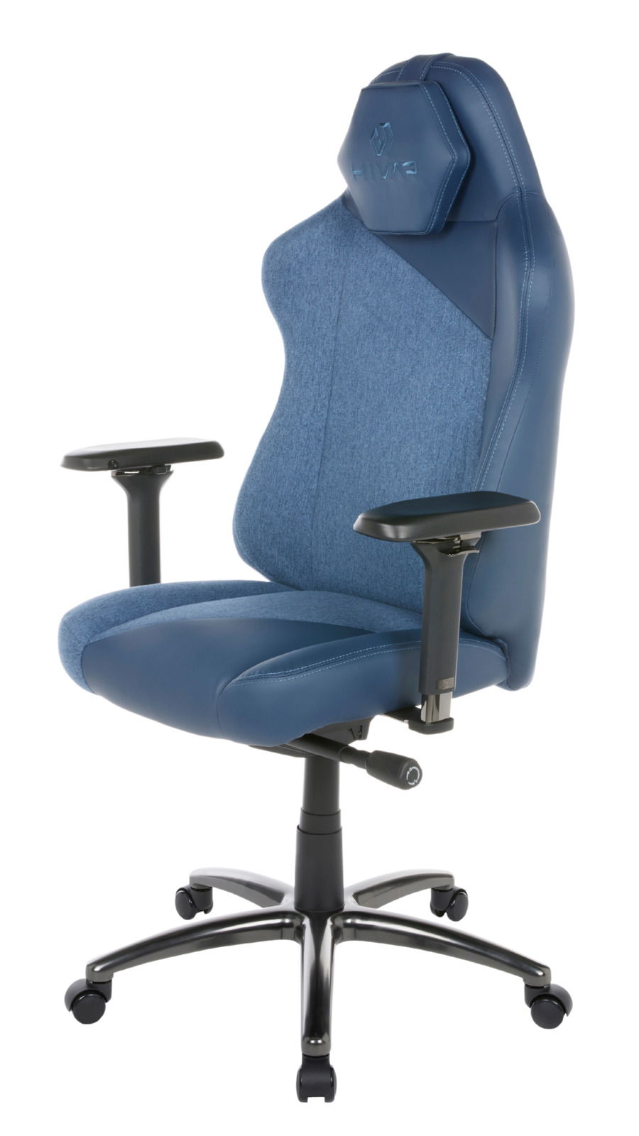 Blauer Gaming Stuhl mit ergonomischem Design, seitliche Perspektive