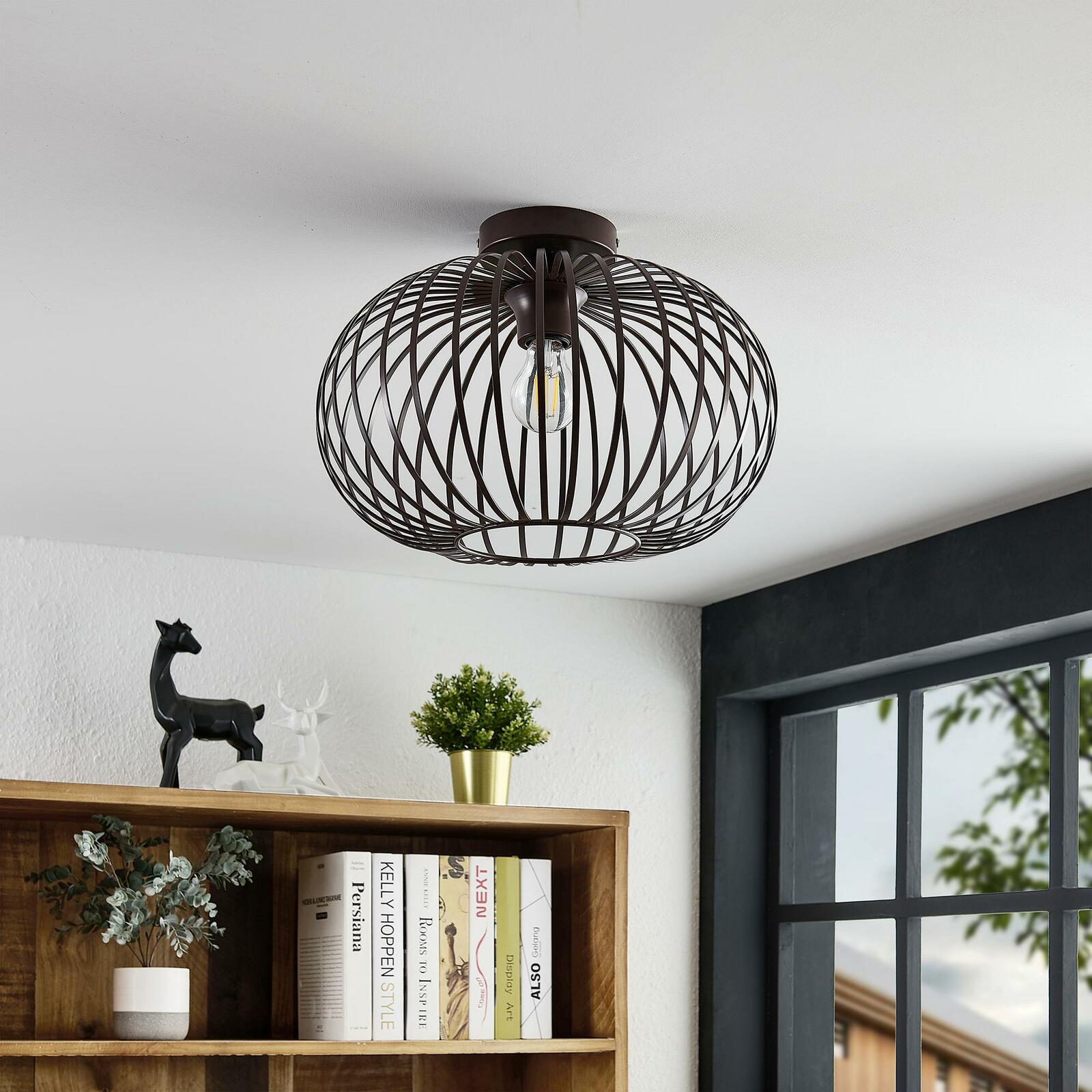 Moderne Deckenleuchte mit schwarzem Drahtkäfig-Design, von unten betrachtet.