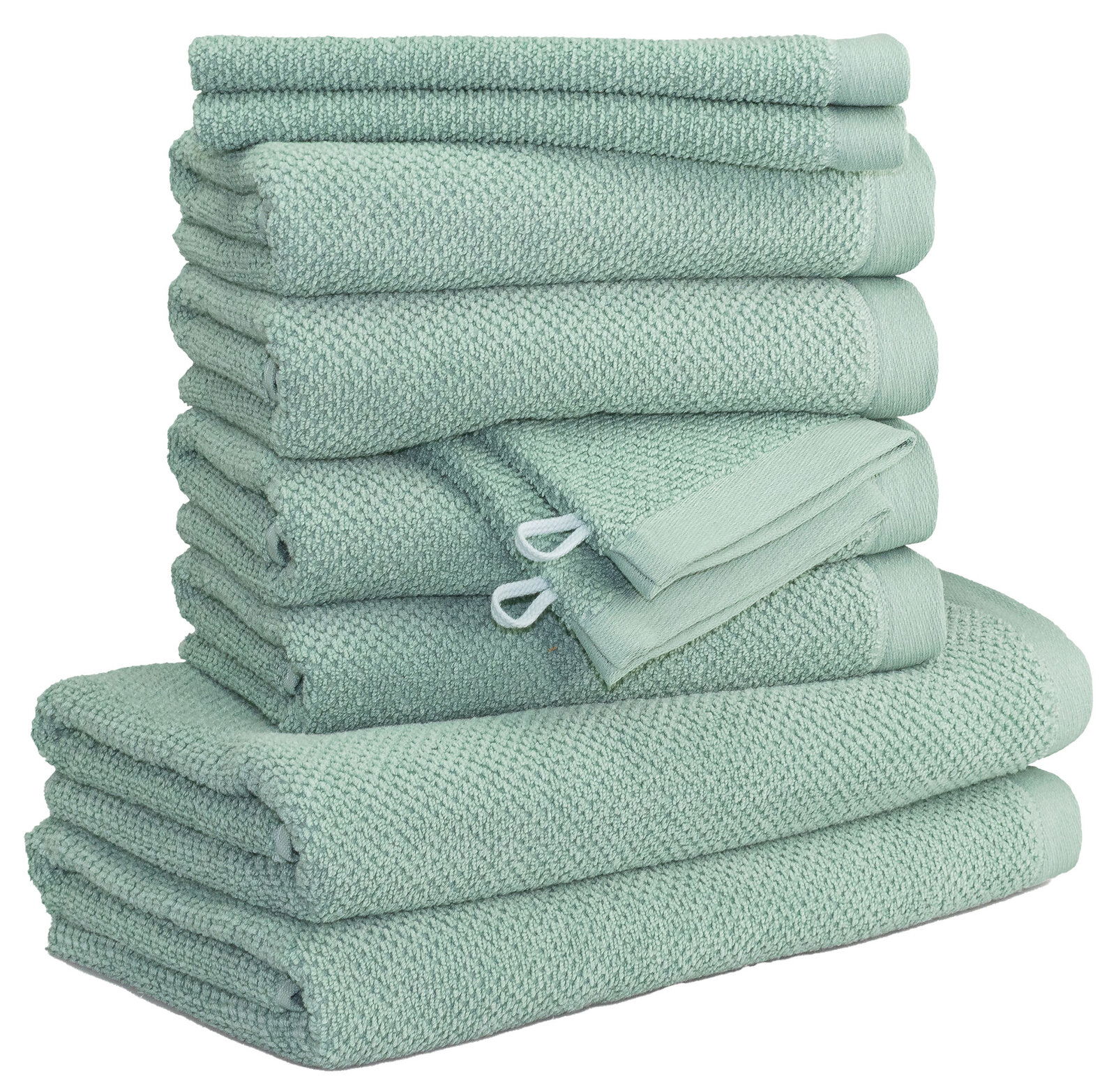 MÖVE Handtuchset 10-tlg. BLISS Stapel von grünen Handtüchern in verschiedenen Größen, seitliche Perspektive