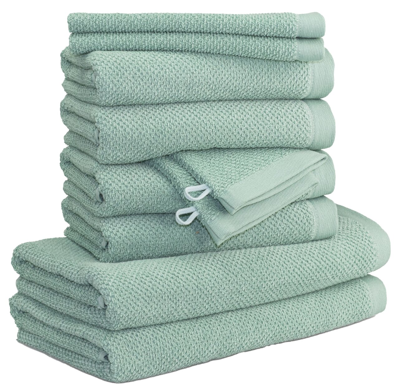 MÖVE Handtuchset 10-tlg. BLISS Stapel von grünen Handtüchern in verschiedenen Größen, seitliche Perspektive