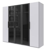 Moderner 5-türiger Drehtürenschrank in Weiß mit schwarzen Glastüren, Frontalansicht