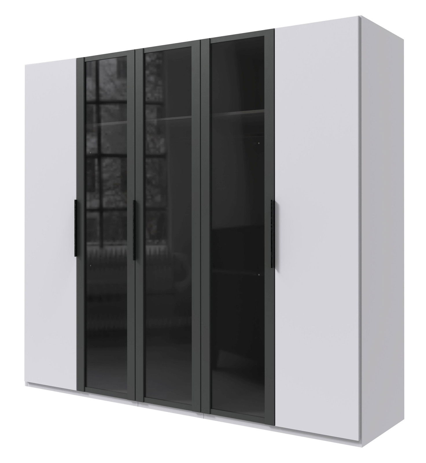 Moderner 5-türiger Drehtürenschrank in Weiß mit schwarzen Glastüren, Frontalansicht
