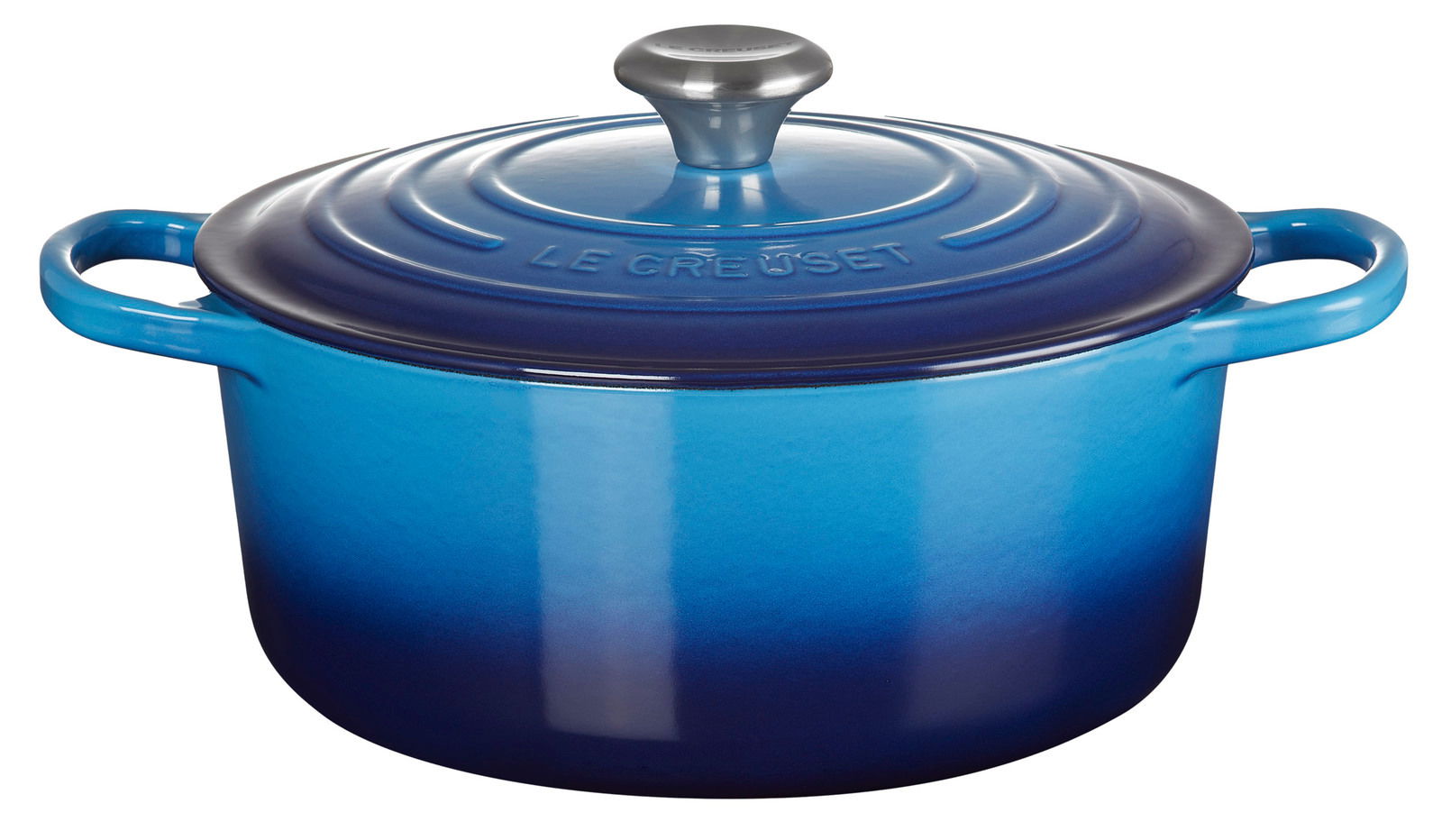 Runder blauer Bräter mit Deckel und Griffen, seitliche Perspektive