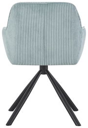 Rückansicht eines Armlehnstuhls mit hellblauem, geripptem Stoffbezug und schwarzen Metallbeinen.