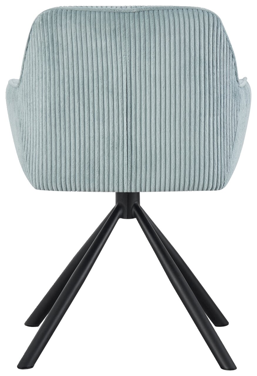 Rückansicht eines Armlehnstuhls mit hellblauem, geripptem Stoffbezug und schwarzen Metallbeinen.