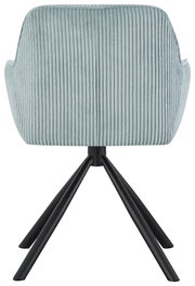 Rückansicht eines Armlehnstuhls mit hellblauem, geripptem Stoffbezug und schwarzen Metallbeinen.