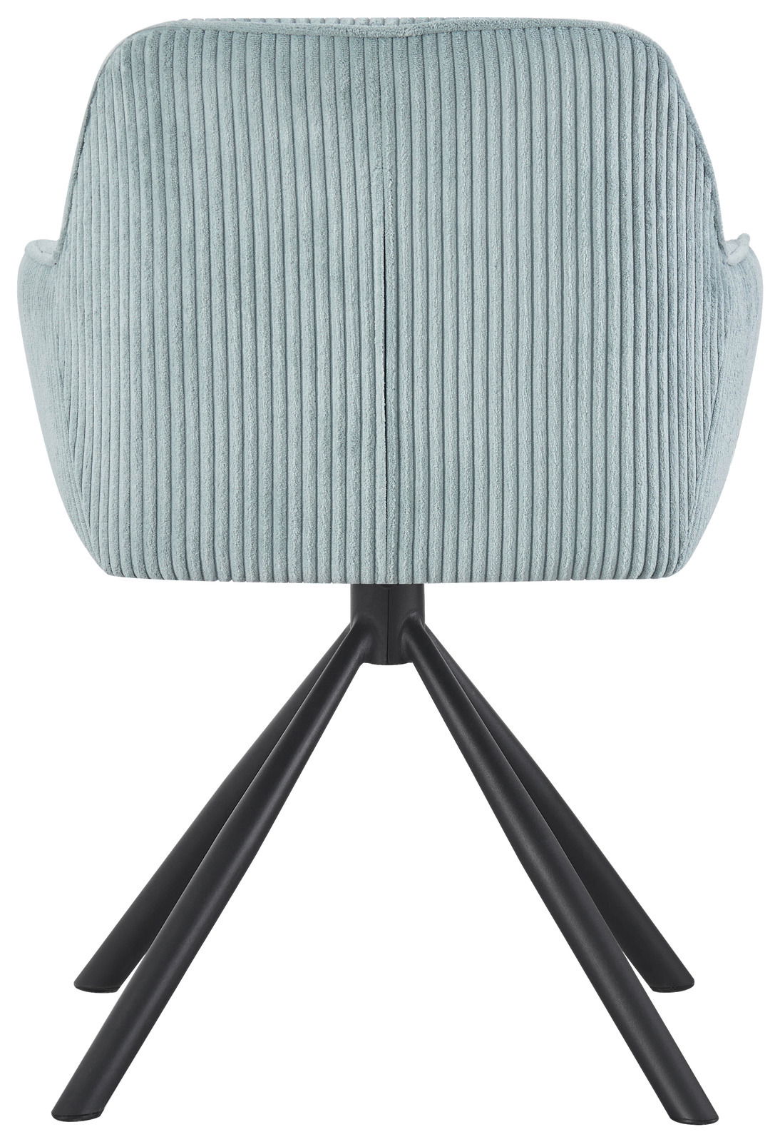 Rückansicht eines Armlehnstuhls mit hellblauem, geripptem Stoffbezug und schwarzen Metallbeinen.