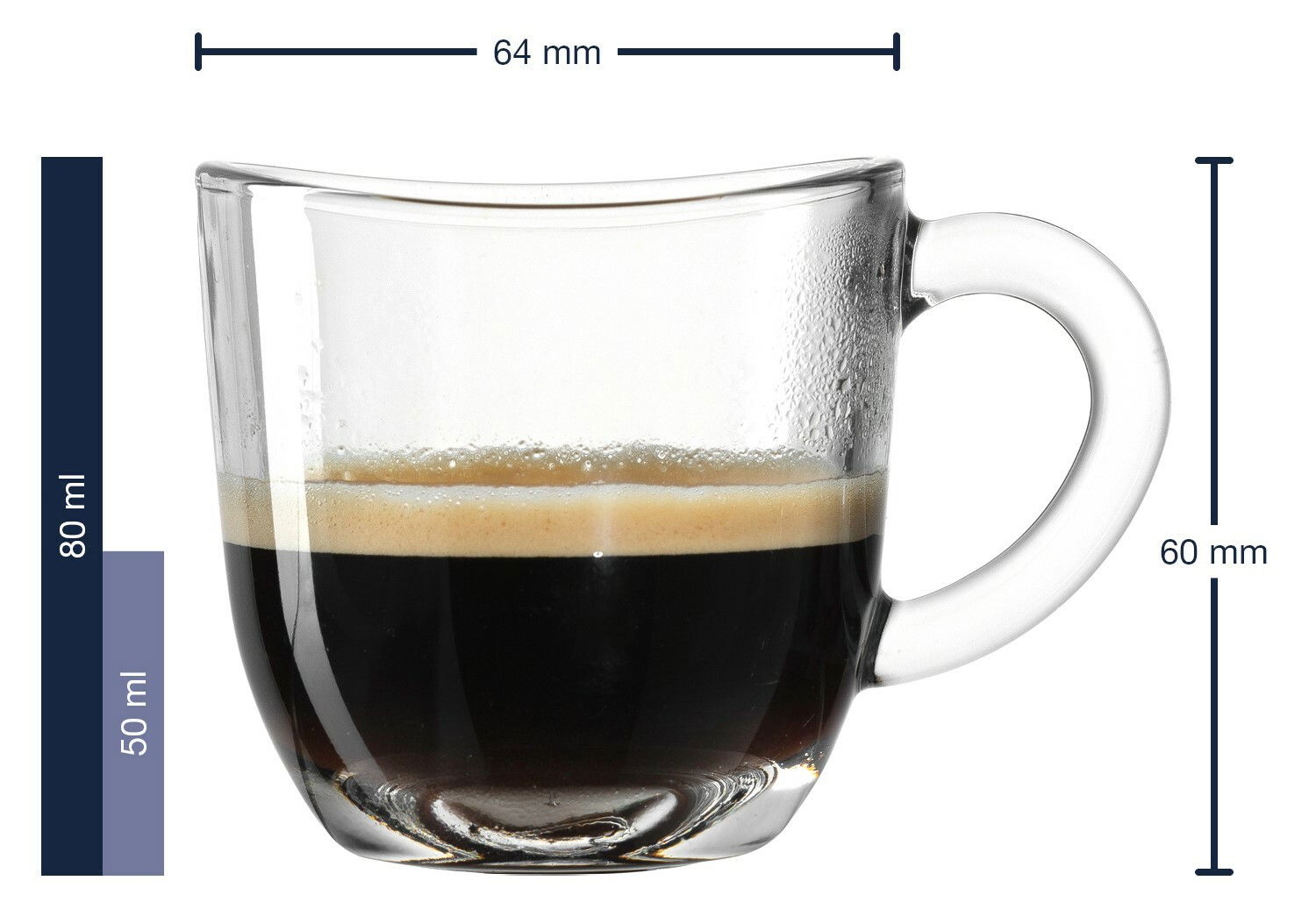 Espressotasse Napoli 80ml aus Glas, seitliche Ansicht mit Henkel, gefüllt mit Espresso.