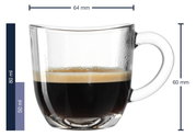 Espressotasse Napoli 80ml aus Glas, seitliche Ansicht mit Henkel, gefüllt mit Espresso.