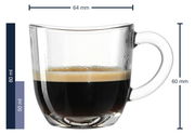 Espressotasse Napoli 80ml aus Glas, seitliche Ansicht mit Henkel, gefüllt mit Espresso.