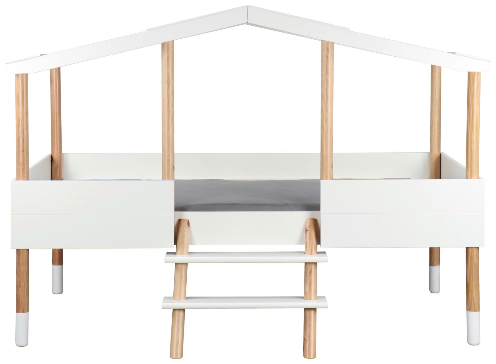 XORA Hausbett TINY Hausbett mit Holzpfosten und weißem Rahmen, frontal betrachtet