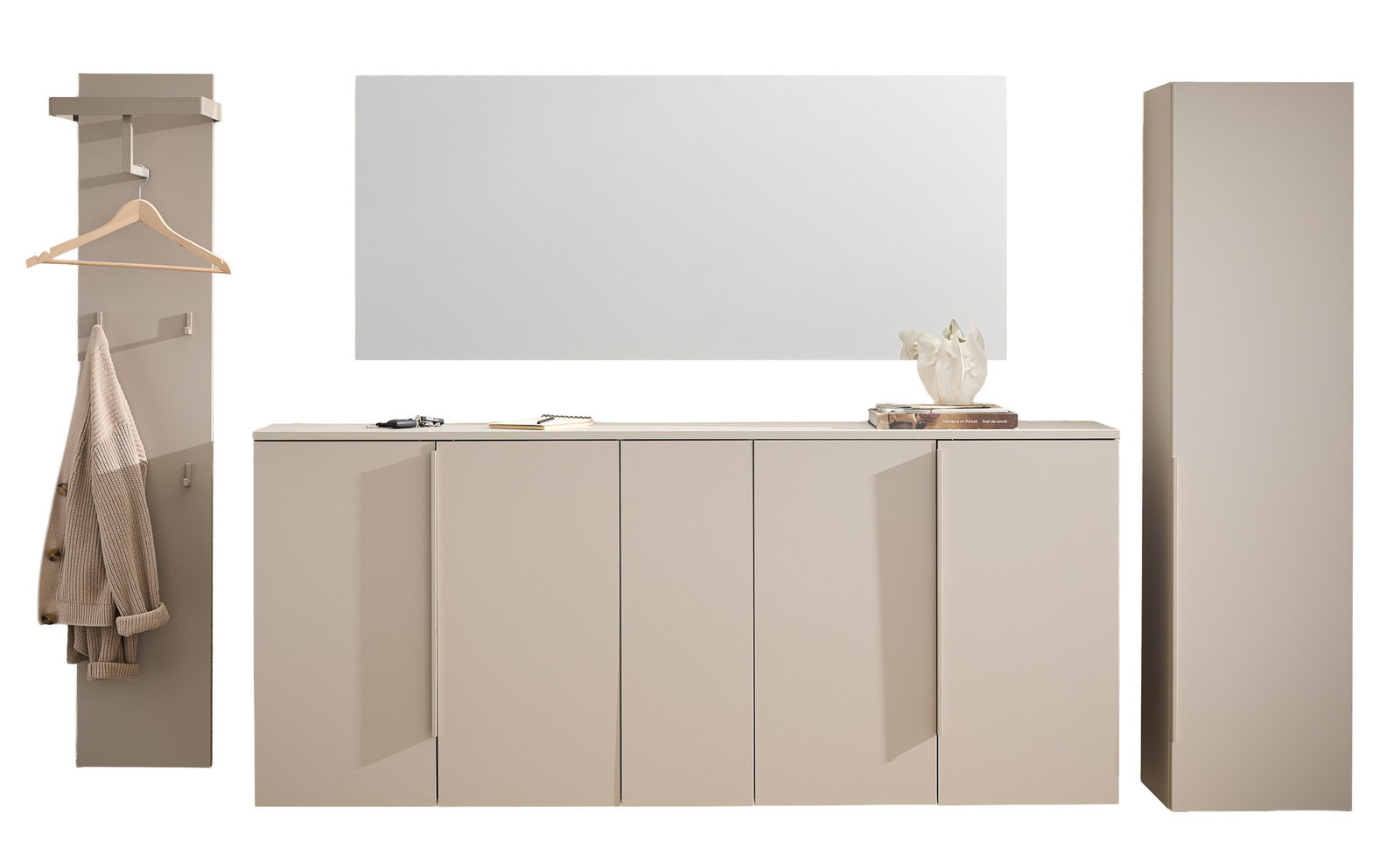 Garderoben-Set in modernem Design mit Spiegel, Hakenleiste und Schrank, frontal abgebildet.