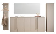 Garderobeset in modern design met spiegel, hakenrail en kast, afgebeeld in vooraanzicht.