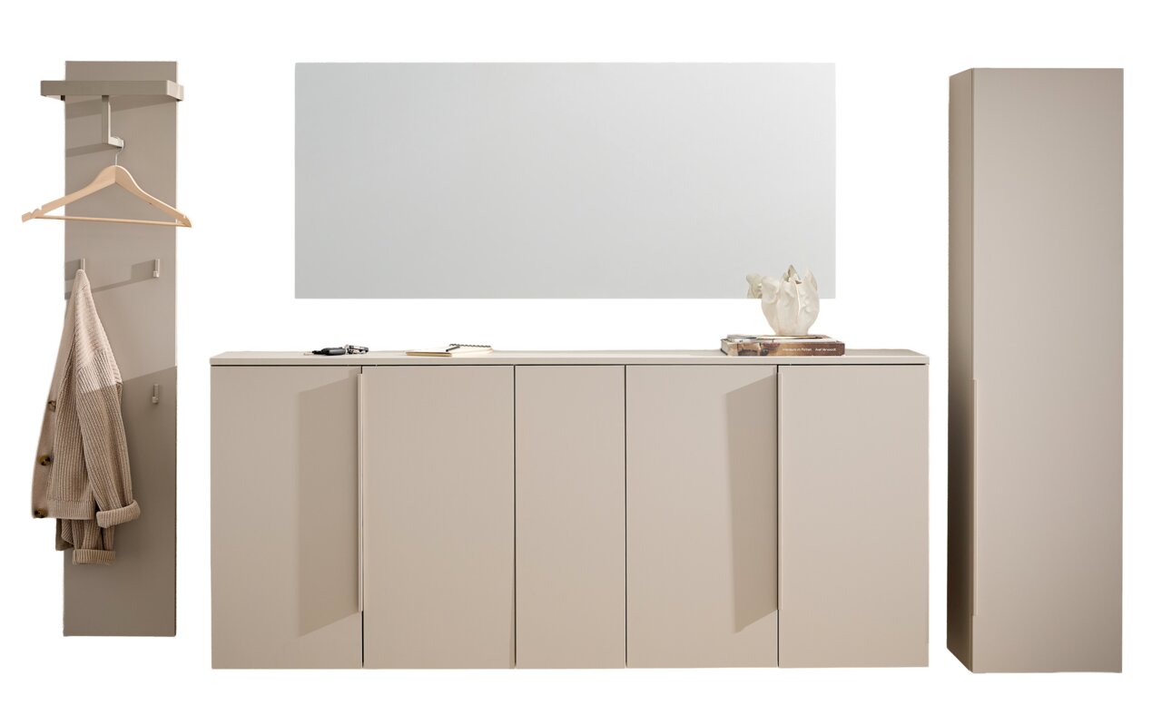 Garderobeset in modern design met spiegel, hakenrail en kast, afgebeeld in vooraanzicht.