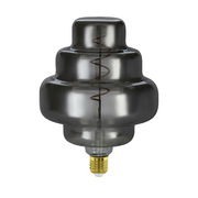 Glühbirne mit rauchgrauem Glas und spiralförmigem Filament, seitliche Perspektive