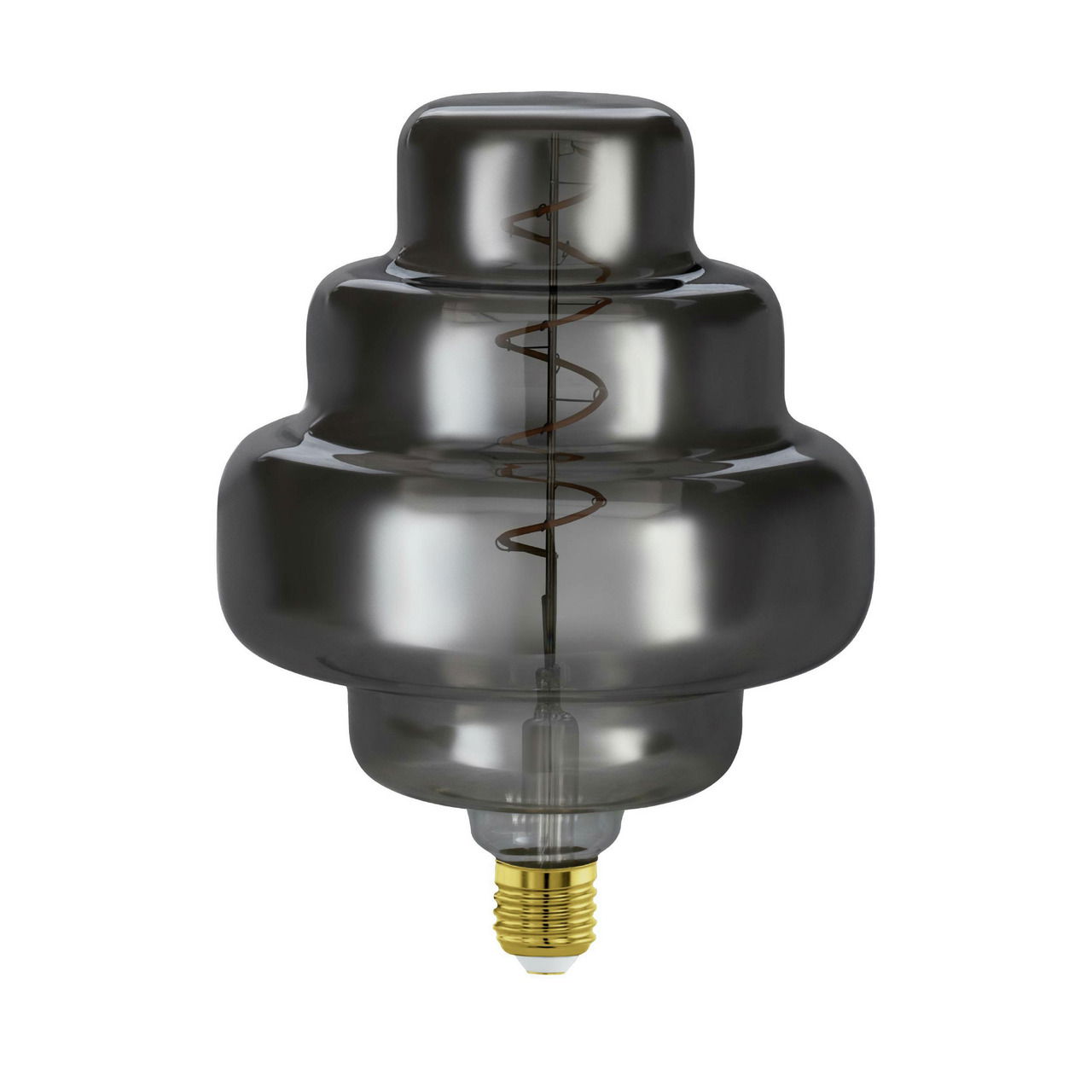 Glühbirne mit rauchgrauem Glas und spiralförmigem Filament, seitliche Perspektive