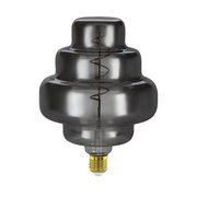 Glühbirne mit rauchgrauem Glas und spiralförmigem Filament, seitliche Perspektive